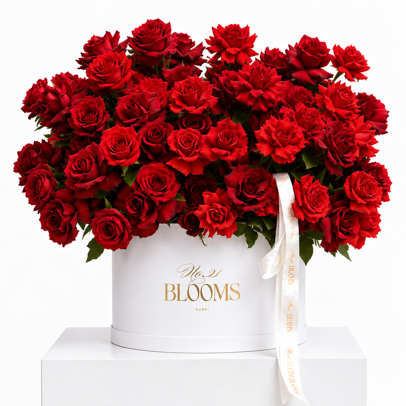 150 Red Roses Luxury Box — Side View | No.21 Blooms Dubai