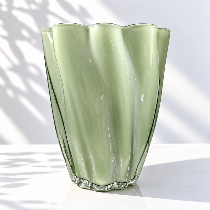 Sauge Ruffle Vase — Sage Green Hand-Blown Glass, Glossy | No.21 Blooms Dubai
